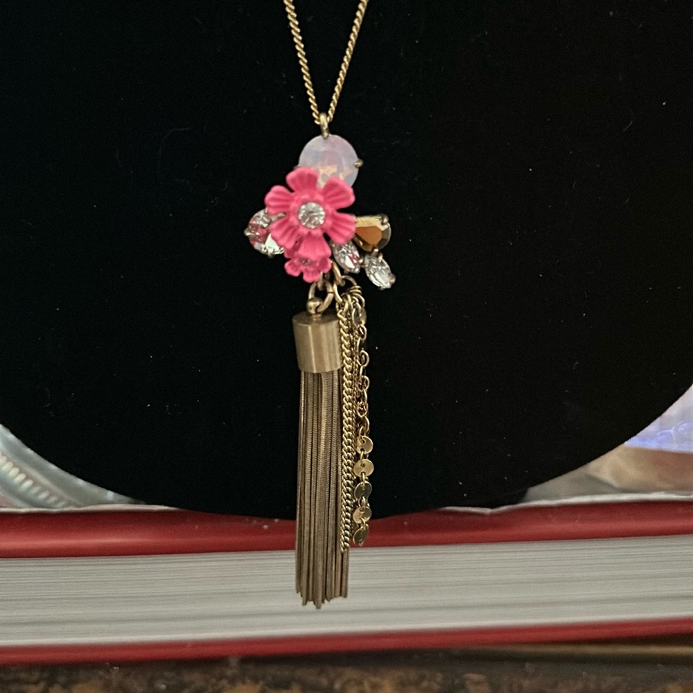 Jcrew necklace long chain adjustable hit pink flower crystal pendant tassel